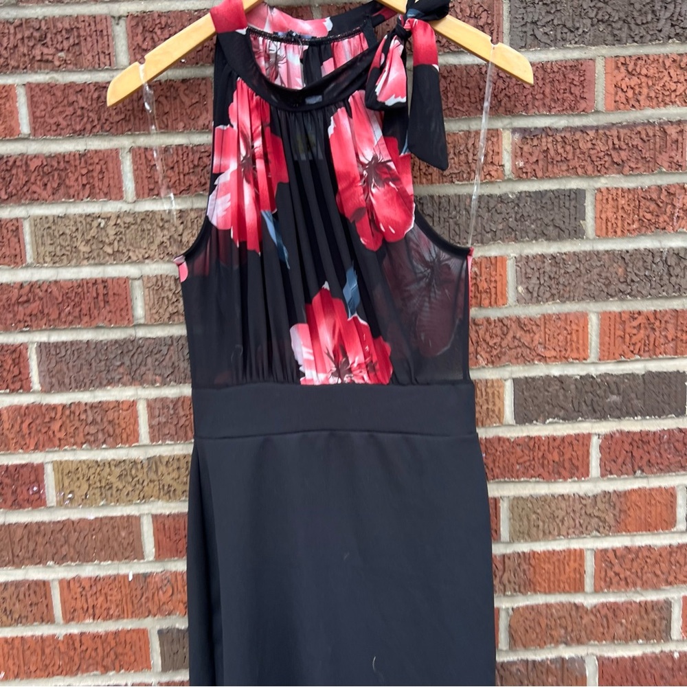 Iris Black and Pink arise Floral Mesh Bodycon Asymmetrical Tie High Neck Dress